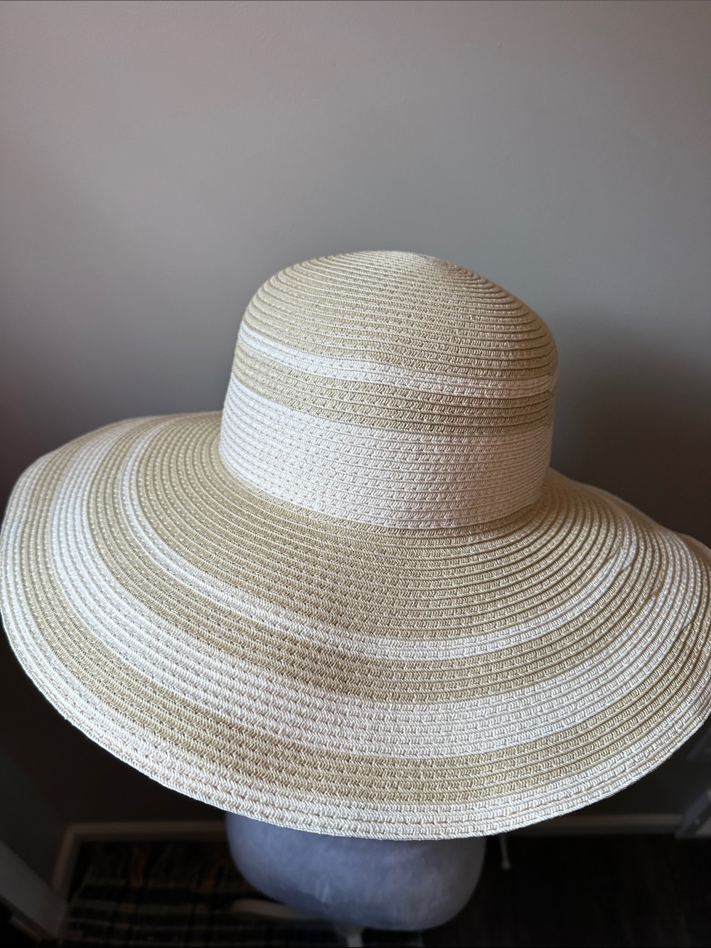 J. Crew M/L Wide Brim Floppy Tan/Cream Striped Sun Hat